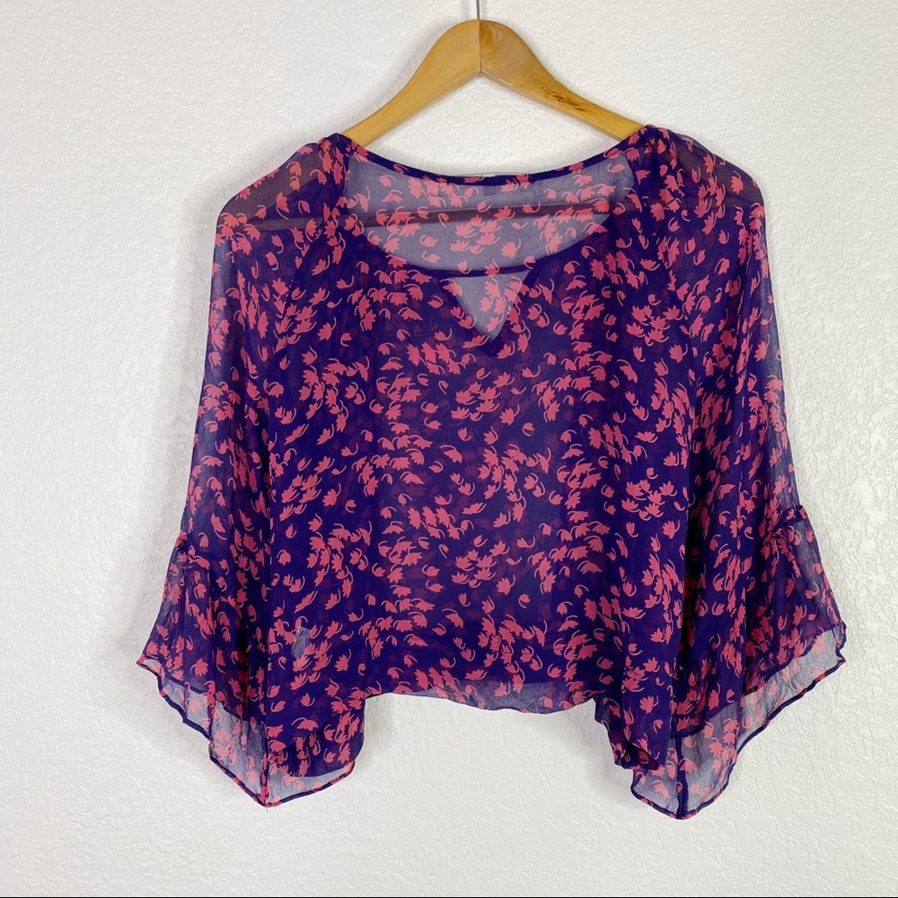 Wendy Katlen Blue Pink Floral Silk Sheer Blouse - Picture 12 of 12